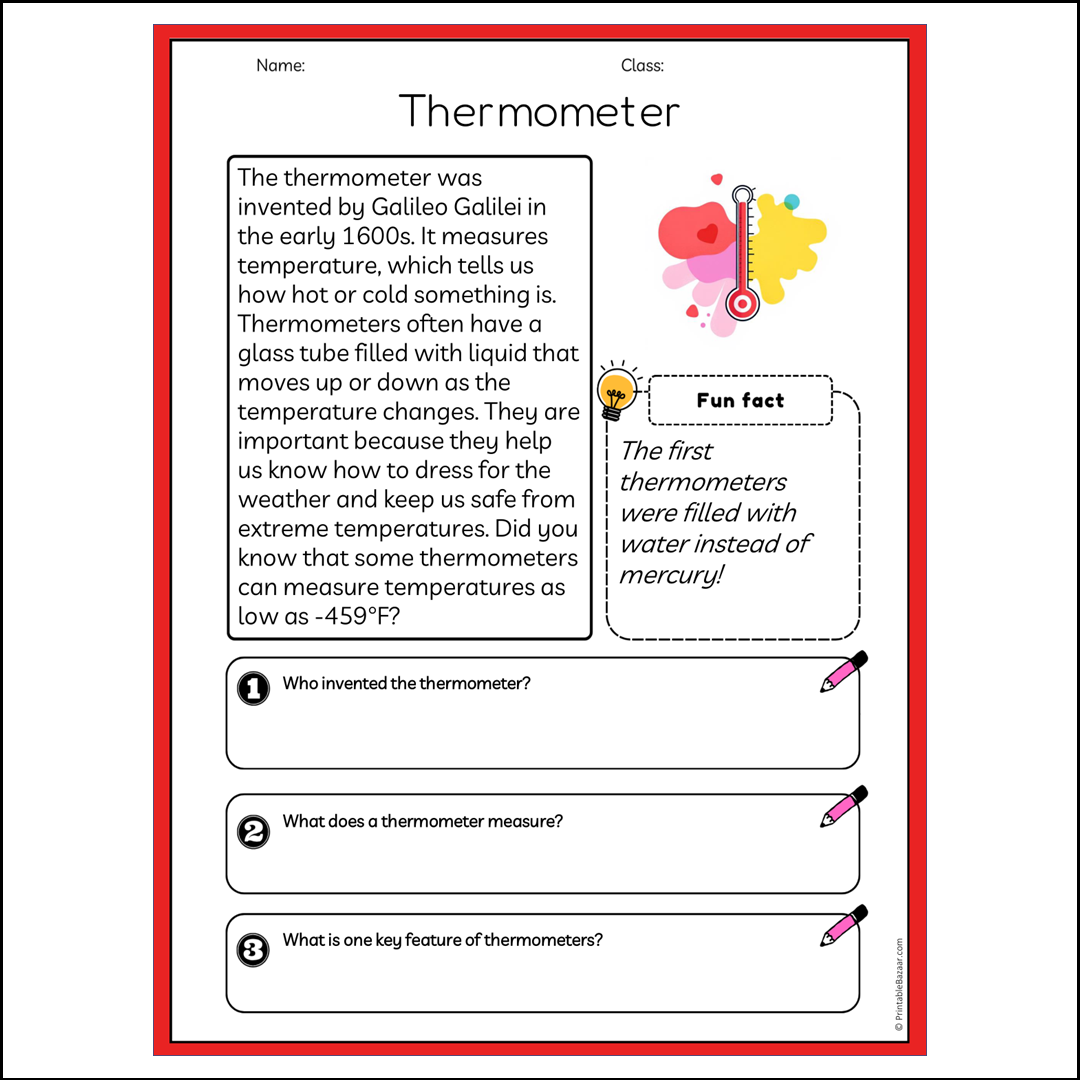 Thermometer | Reading Passage Comprehension Questions Writing Facts Worksheet