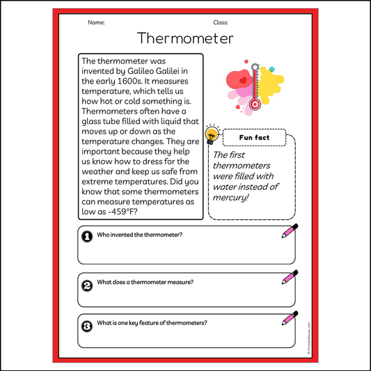 Thermometer | Reading Passage Comprehension Questions Writing Facts Worksheet