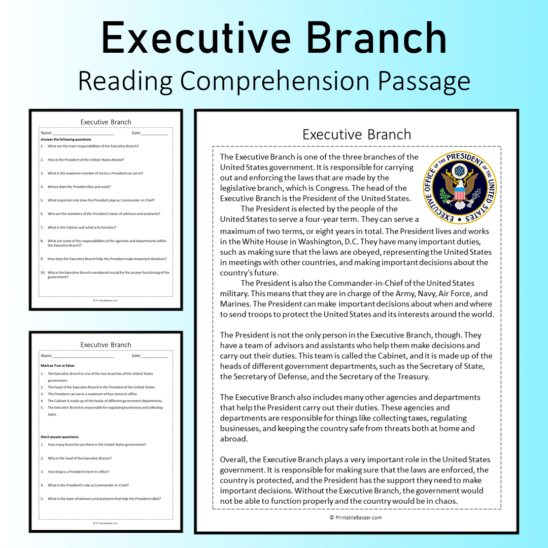 Executive Branch | Reading Comprehension Passage Printable Worksheet