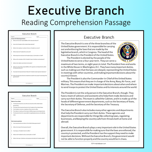 Executive Branch | Reading Comprehension Passage Printable Worksheet