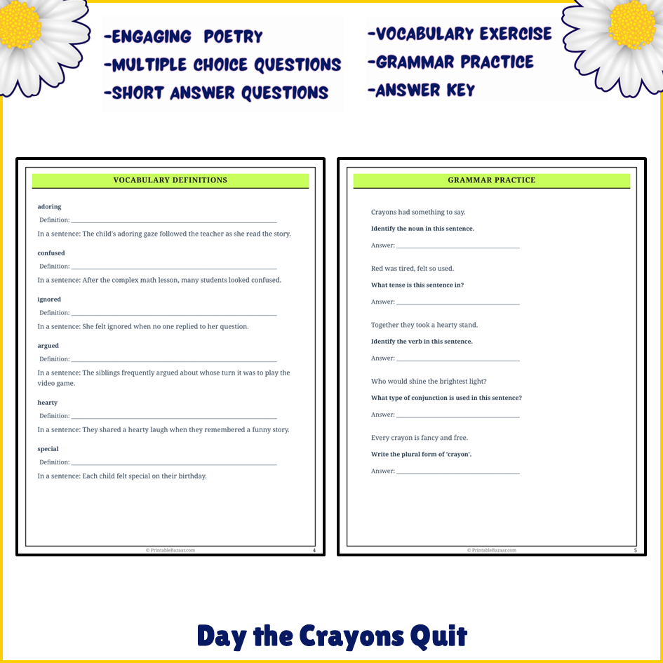 Day the Crayons Quit | Poem Grammar Worksheet Printable Activity
