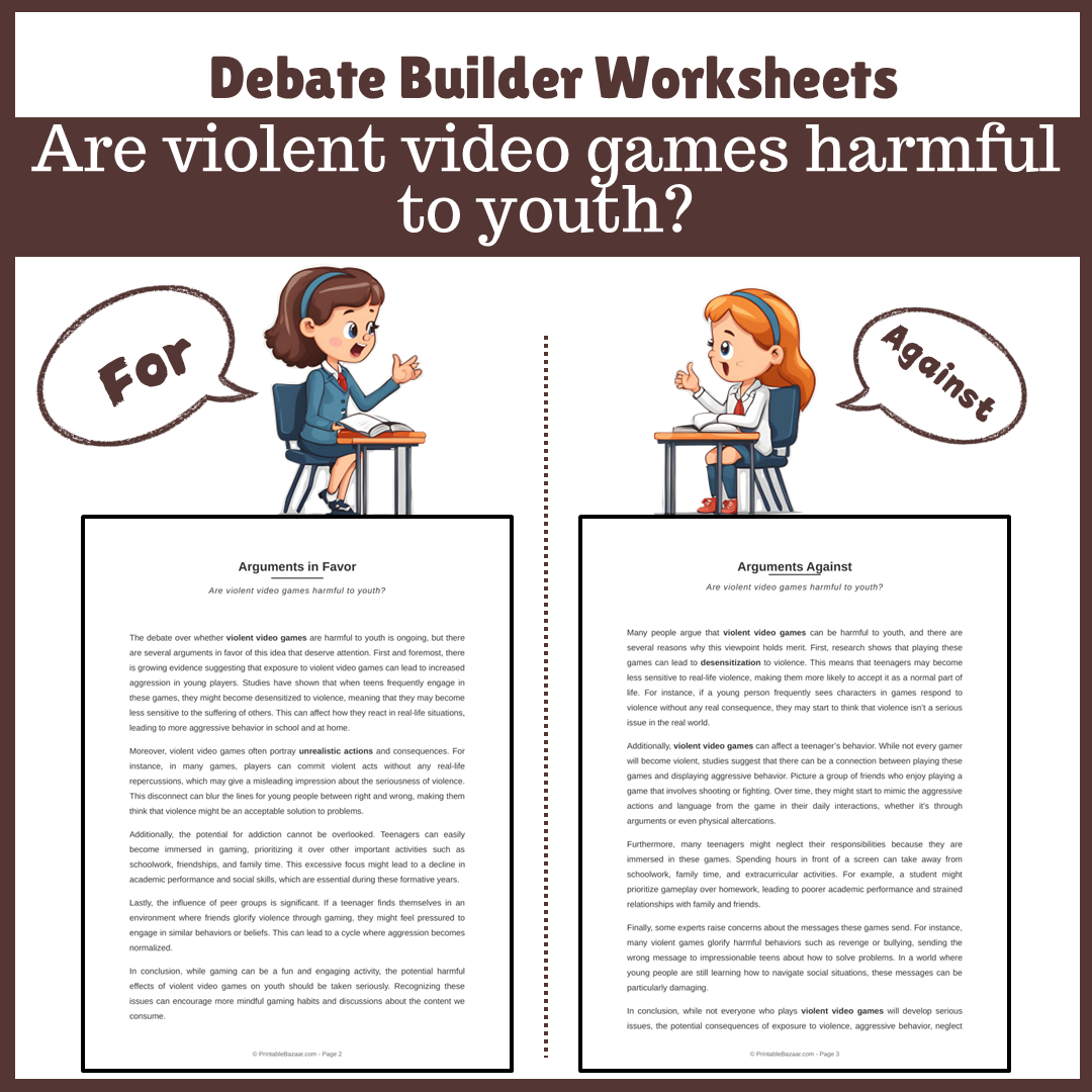 Are violent video games harmful to youth? | Favour and Against Worksheet Printable Activity