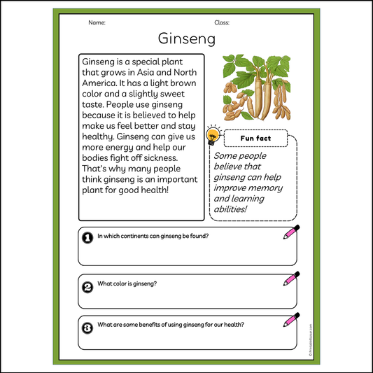 Ginseng | Reading Passage Comprehension Questions Writing Facts Worksheet