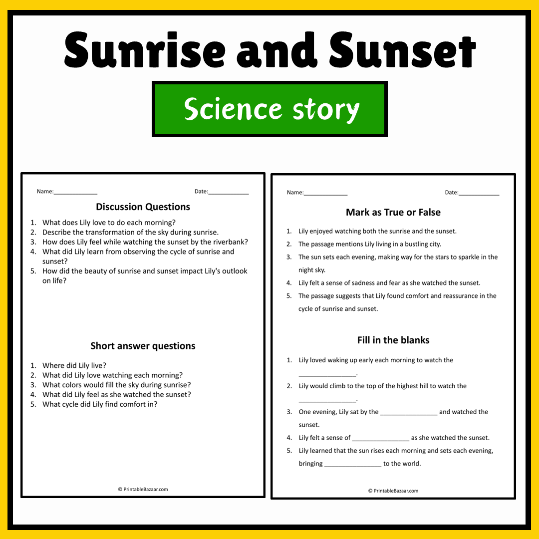 Sunrise and Sunset | Science Story Reading Comprehension Activity
