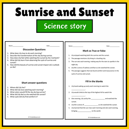 Sunrise and Sunset | Science Story Reading Comprehension Activity