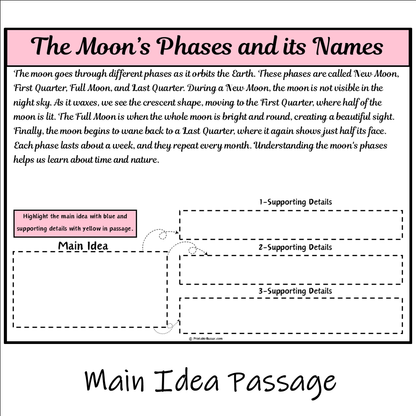 The Moon’s Phases and its Names | Main Idea and Supporting Details Reading Passage and Questions