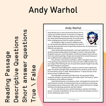 Andy Warhol | Reading Comprehension Passage Printable Activity