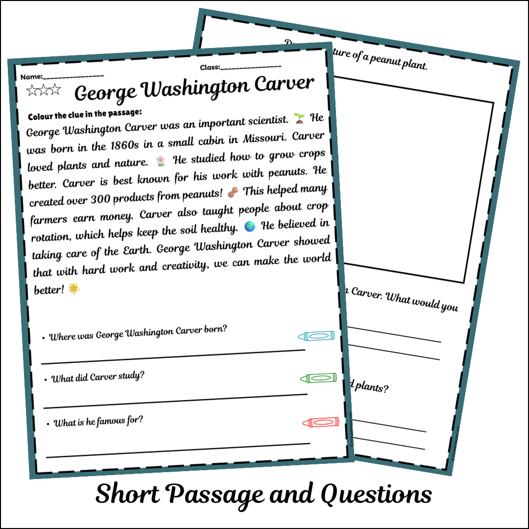 George Washington Carver | Short Reading Comprehension Creative Worksheet
