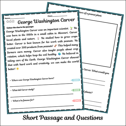 George Washington Carver | Short Reading Comprehension Creative Worksheet