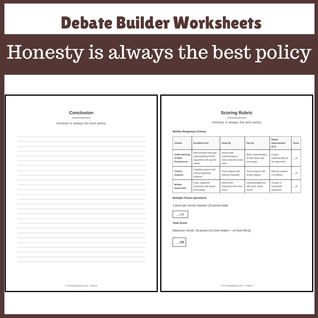 Honesty is always the best policy | Favour and Against Worksheet Printable Activity