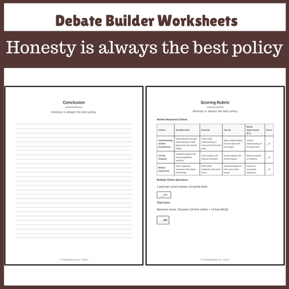 Honesty is always the best policy | Favour and Against Worksheet Printable Activity