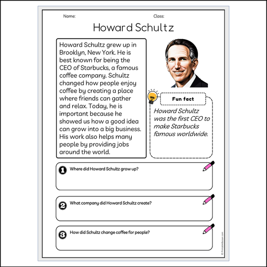 Howard Schultz | Reading Passage Comprehension Questions Writing Facts Worksheet