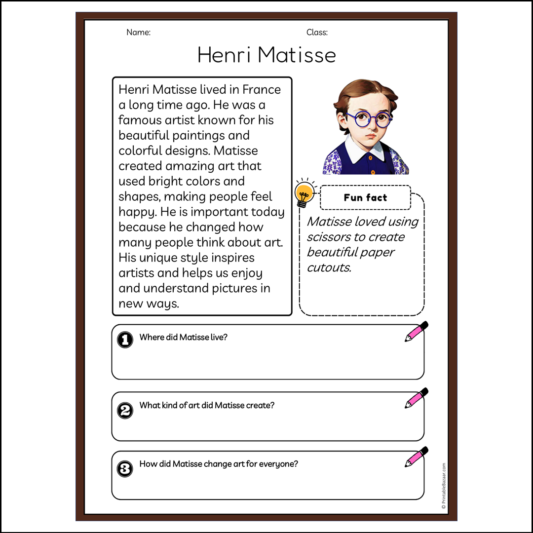 Henri Matisse | Reading Passage Comprehension Questions Writing Facts Worksheet