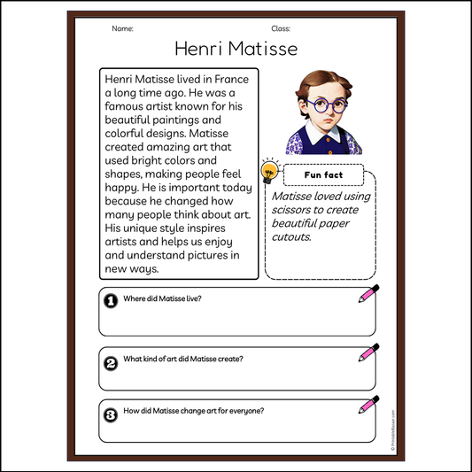 Henri Matisse | Reading Passage Comprehension Questions Writing Facts Worksheet