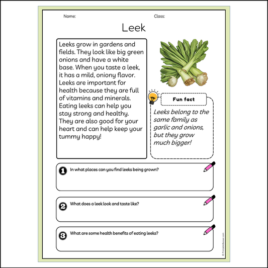 Leek | Reading Passage Comprehension Questions Writing Facts Worksheet