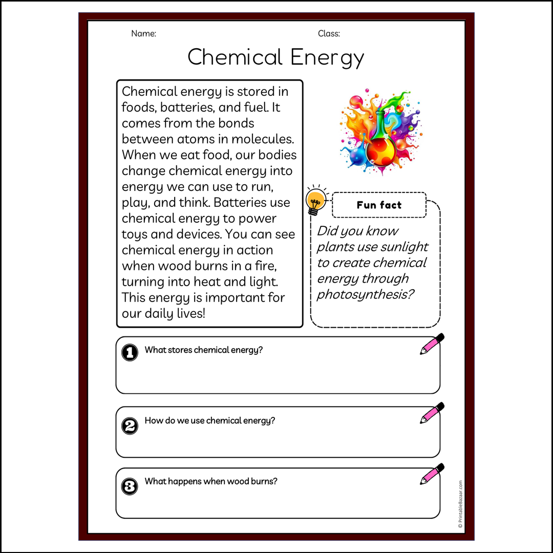 Chemical Energy | Reading Passage Comprehension Questions Writing Facts Worksheet