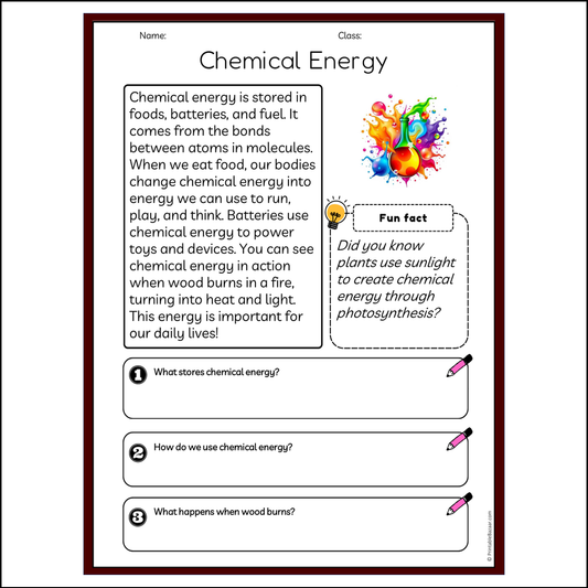 Chemical Energy | Reading Passage Comprehension Questions Writing Facts Worksheet