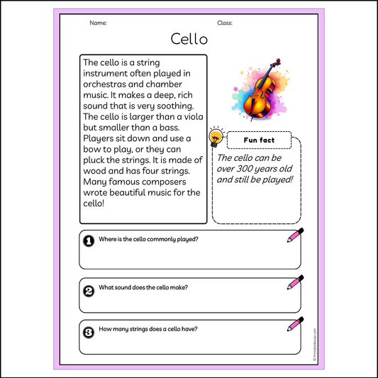 Cello | Reading Passage Comprehension Questions Writing Facts Worksheet