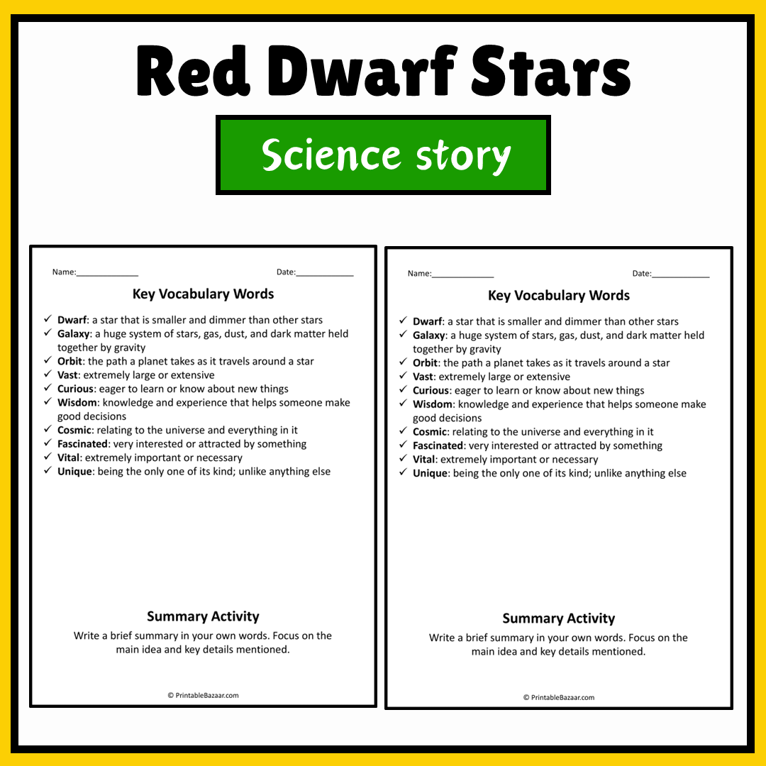Red Dwarf Stars | Science Story Reading Comprehension Activity