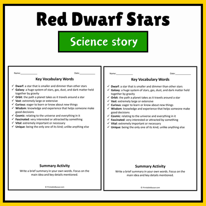 Red Dwarf Stars | Science Story Reading Comprehension Activity