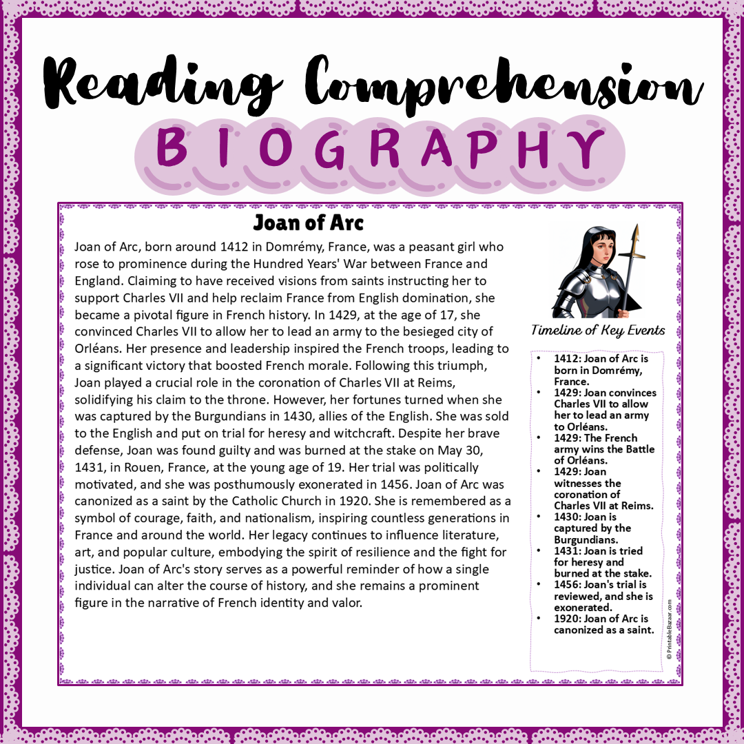Joan of Arc | Biography Reading Comprehension and Questions Worksheet