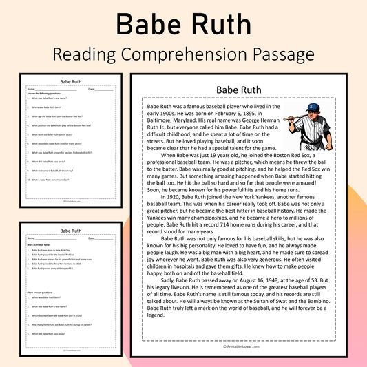 Babe Ruth | Reading Comprehension Passage Printable Activity