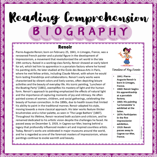 Renoir | Biography Reading Comprehension and Questions Worksheet