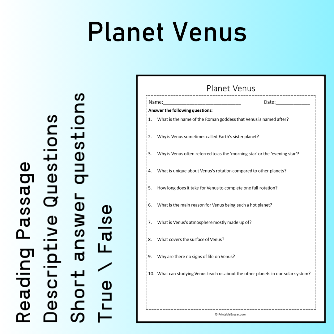 Planet Venus | Reading Comprehension Passage Printable Worksheet