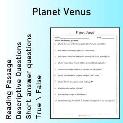 Planet Venus | Reading Comprehension Passage Printable Worksheet