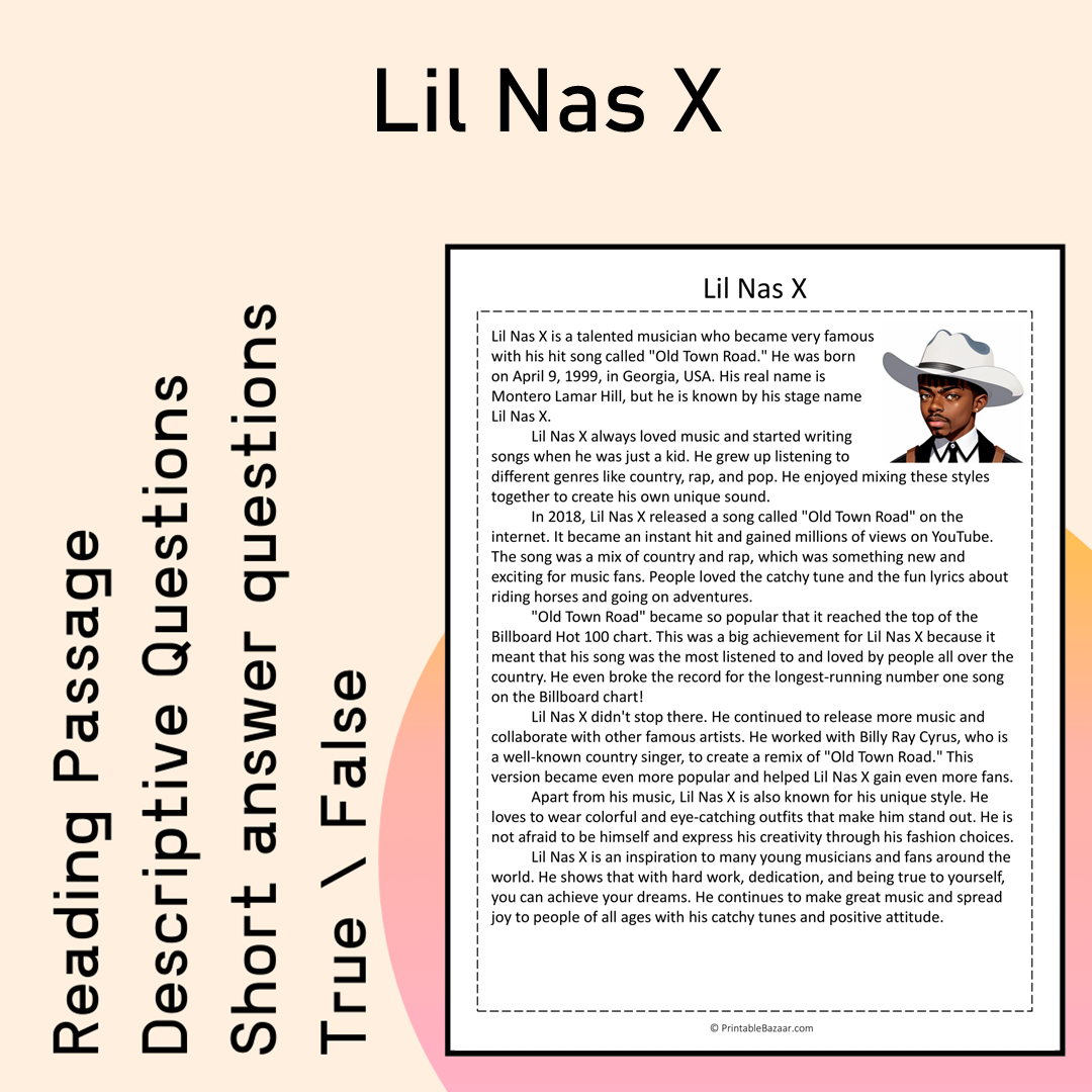 Lil Nas X | Reading Comprehension Passage Printable Activity