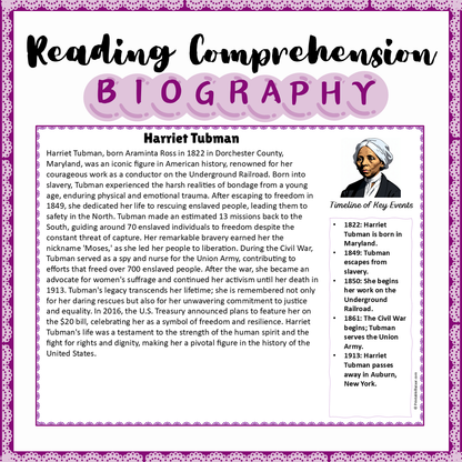 Harriet Tubman | Biography Reading Comprehension and Questions Worksheet