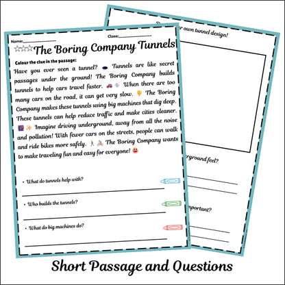 The Boring Company Tunnels | Short Reading Comprehension Creative Worksheet