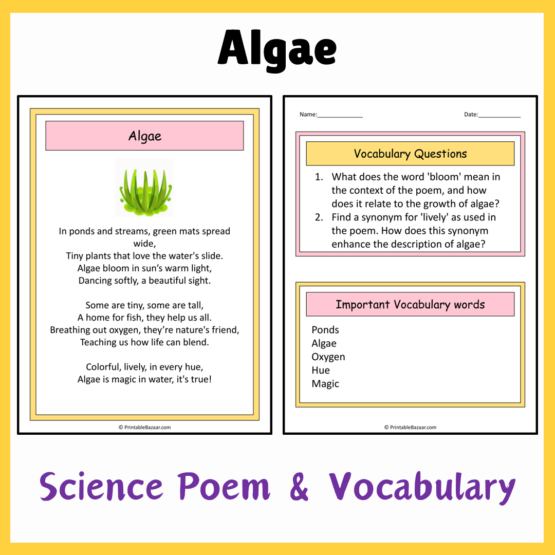 Algae | Science Poem Reading Comprehension Activity