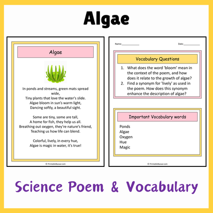 Algae | Science Poem Reading Comprehension Activity