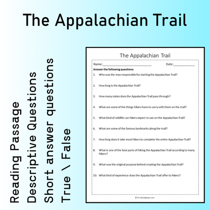 The Appalachian Trail | Reading Comprehension Passage Printable Worksheet