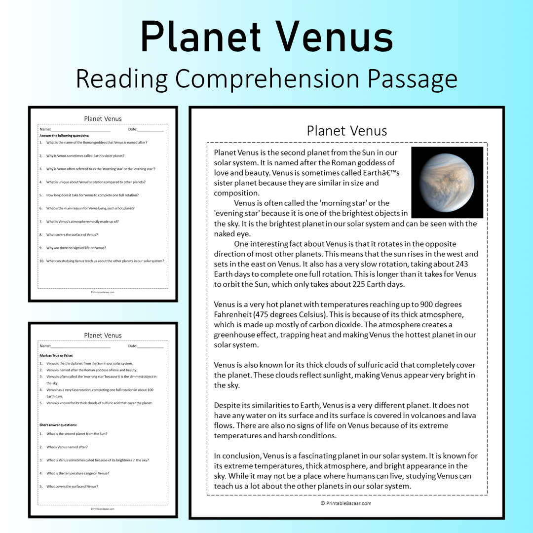 Planet Venus | Reading Comprehension Passage Printable Worksheet
