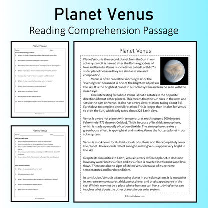 Planet Venus | Reading Comprehension Passage Printable Worksheet