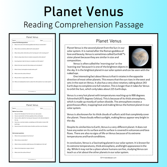 Planet Venus | Reading Comprehension Passage Printable Worksheet