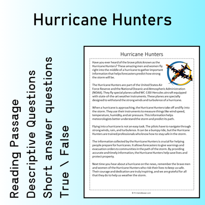Hurricane Hunters | Reading Comprehension Passage Printable Worksheet