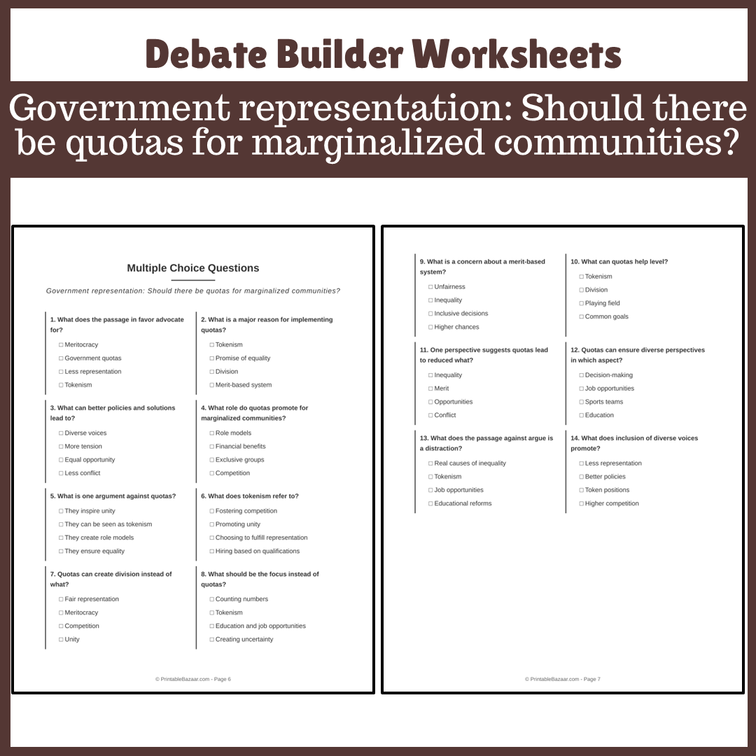Government representation: Should there be quotas for marginalized communities? | Favour and Against Worksheet Printable Activity