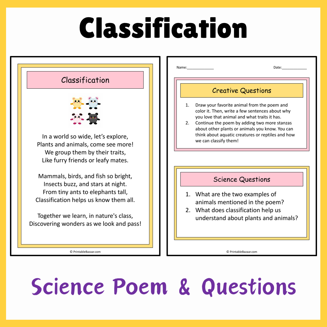 Classification | Science Poem Reading Comprehension Activity