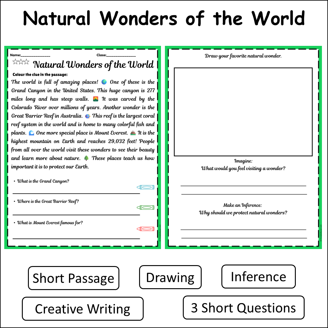 Natural Wonders of the World | Short Reading Comprehension Creative Worksheet