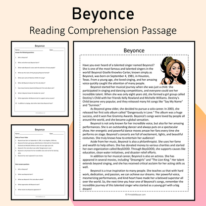 Beyonce | Reading Comprehension Passage Printable Activity