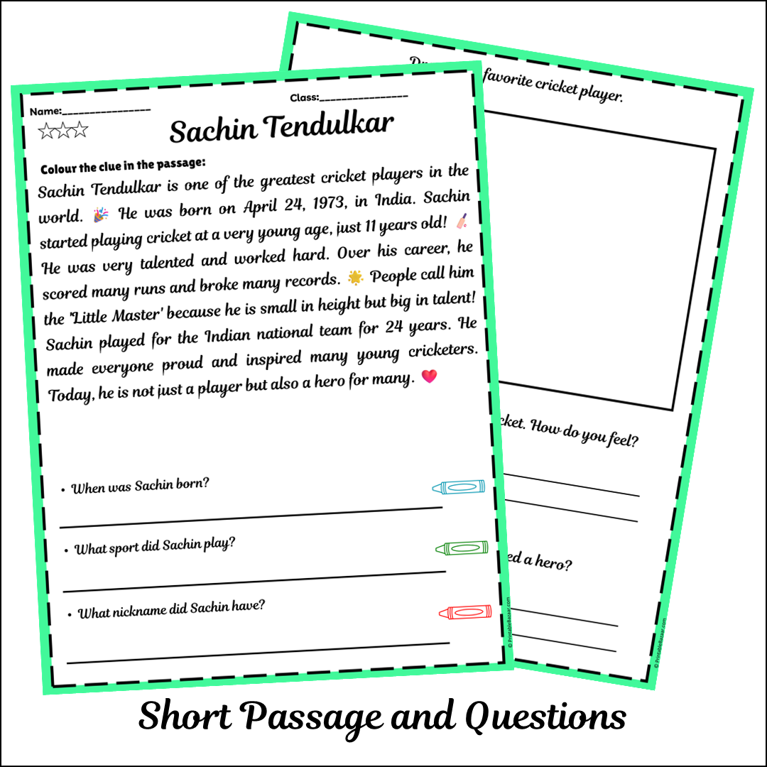 Sachin Tendulkar | Short Reading Comprehension Creative Worksheet