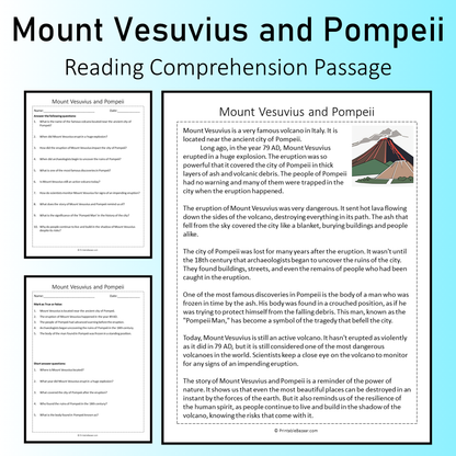 Mount Vesuvius and Pompeii | Reading Comprehension Passage Printable Worksheet