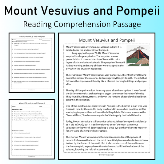Mount Vesuvius and Pompeii | Reading Comprehension Passage Printable Worksheet