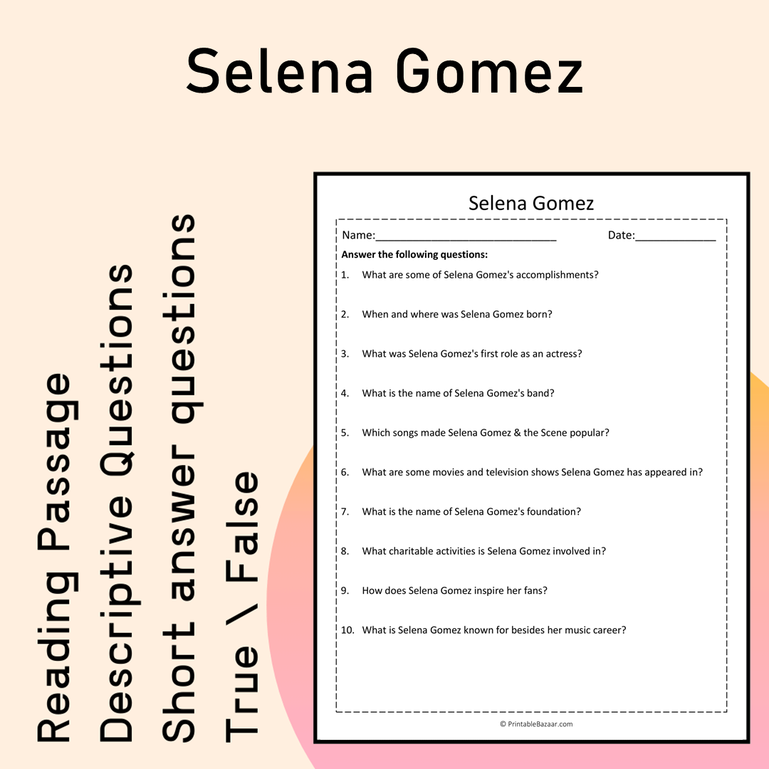 Selena Gomez | Reading Comprehension Passage Printable Activity
