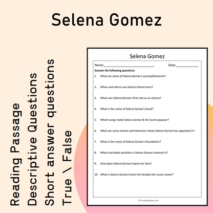 Selena Gomez | Reading Comprehension Passage Printable Activity