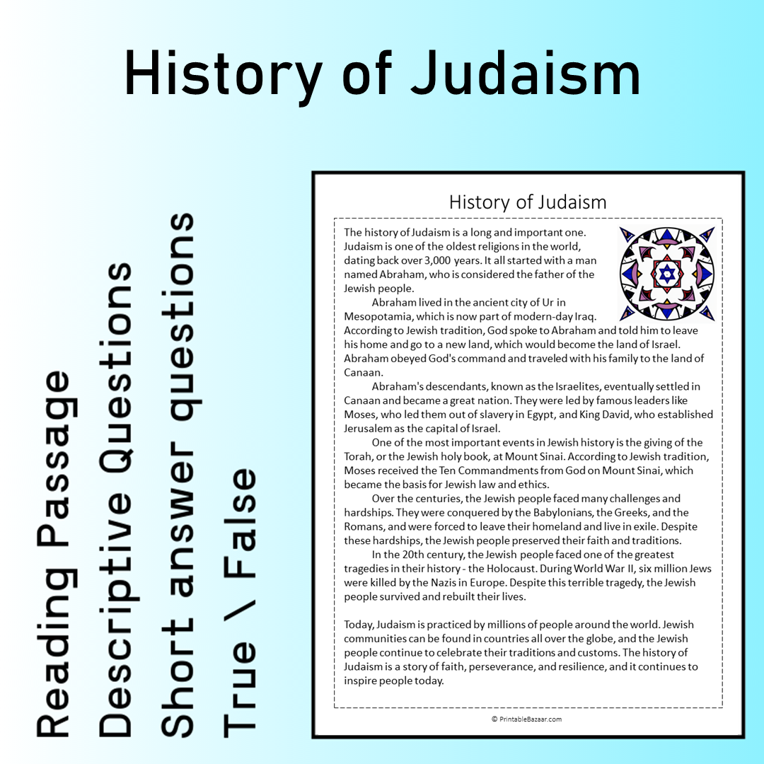 History of Judaism | Reading Comprehension Passage Printable Worksheet