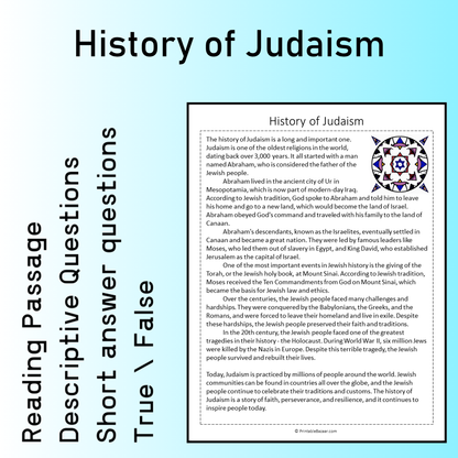 History of Judaism | Reading Comprehension Passage Printable Worksheet